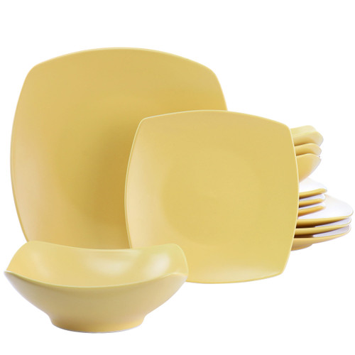 Gibson Home Zen Buffetware 12 Piece Square Fine Ceramic Dinnerware Set in Matte Yellow D970-135260.12